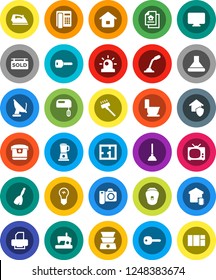 White Solid Icon Set- plunger vector, broom, vacuum cleaner, iron, toilet, key, plan, estate document, sold signboard, tv, smart home, protect, siren, mixer, hood, multi cooker, blender, monitor