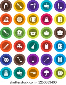 White Solid Icon Set- plunger vector, broom, fetlock, water tap, car, toilet brush, pan, kettle, measuring cup, whisk, spatula, ladle, grater, sieve, case, hand trainer, umbrella, scalpel, supply