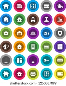 White Solid Icon Set- plunger vector, mop, car fetlock, window cleaning, welcome mat, steaming, shining, cleaner woman, warehouse, home, key, house, cottage, chalet, plan, sale signboard, sold, love