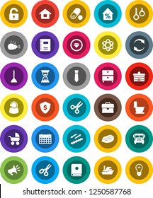 White Solid Icon Set- plunger vector, toilet, steak, chicken leg, copybook, university, atom, scissors, school bus, archive, percent growth, case, sand clock, tie, dollar shield, pills, calendar