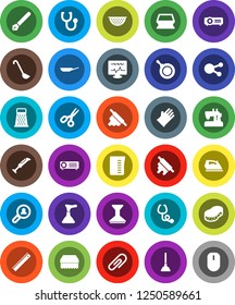 White Solid Icon Set- plunger vector, sponge, car fetlock, iron, rubber glove, pan, colander, measuring cup, ladle, rolling pin, grater, pen, ruler, scissors, social media, stethoscope, attachment