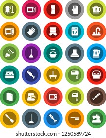 White Solid Icon Set- plunger vector, vacuum cleaner, fetlock, mop, sponge, washing powder, rubber glove, water tap, kettle, spatula, microwave oven, double boiler, blender, fridge, dishwasher, hood