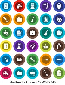 White Solid Icon Set- plunger vector, broom, water tap, fetlock, bucket, pan, kettle, measuring cup, cook press, whisk, ladle, grater, sieve, case, hand trainer, supply, basket