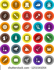 White Solid Icon Set- plunger vector, rake, sponge, iron, steaming, toilet brush, colander, measuring cup, cook press, whisk, spatula, rolling pin, meat hammer, sieve, pen, drawing compass, crutches