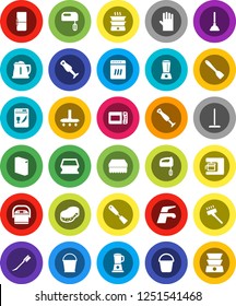 White Solid Icon Set- plunger vector, water tap, vacuum cleaner, mop, bucket, sponge, car fetlock, washing powder, rubber glove, kettle, spatula, blender, fridge, dishwasher, mixer, coffee maker