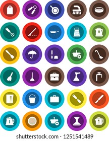 White Solid Icon Set- plunger vector, broom, fetlock, bucket, car, toilet brush, pan, kettle, measuring cup, whisk, spatula, ladle, grater, sieve, case, hand trainer, umbrella, scalpel, water supply