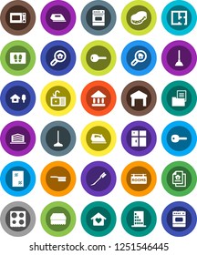 White Solid Icon Set- plunger vector, fetlock, mop, sponge, car, window cleaning, welcome mat, iron, shining, sink, microwave oven, university, warehouse, key, chalet, plan, estate document, search
