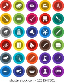 White Solid Icon Set- plunger vector, scraper, rake, sponge, car fetlock, iron, pan, colander, measuring cup, whisk, spatula, rolling pin, meat hammer, grater, double boiler, sieve, pen, telescope