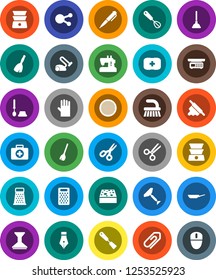 White Solid Icon Set- plunger vector, scraper, broom, fetlock, sponge, car, toilet brush, rubber glove, pan, whisk, spatula, rolling pin, grater, double boiler, sieve, pen, scissors, first aid kit