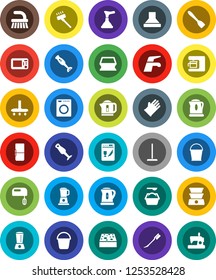 White Solid Icon Set- plunger vector, water tap, vacuum cleaner, fetlock, mop, bucket, sponge, car, washing powder, rubber glove, kettle, spatula, blender, fridge, washer, dishwasher, mixer, hood