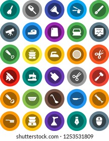 White Solid Icon Set- plunger vector, scraper, broom, fetlock, sponge, iron, pan, colander, cook press, whisk, ladle, rolling pin, meat hammer, cutting board, sieve, pen, telescope, measuring, mouse