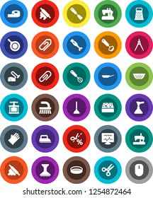 White Solid Icon Set- plunger vector, fetlock, sponge, car, rubber glove, pan, colander, cook press, whisk, spatula, ladle, rolling pin, grater, blender, sieve, drawing compass, scissors, measuring
