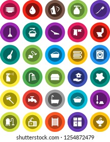 White Solid Icon Set- plunger vector, broom, vacuum cleaner, scoop, sponge, towel, water drop, tap, car fetlock, splotch, steaming, bath, toilet, drying clothes, brush, washer, foam basin, sprayer