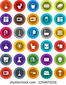 White Solid Icon Set- plunger vector, fetlock, mop, scoop, bucket, sponge, towel, trash bin, window cleaning, welcome mat, bath, toilet, drying clothes, shining, paper, shower, microwave oven