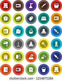 White Solid Icon Set- plunger vector, vacuum cleaner, mop, bucket, sponge, washing powder, rubber glove, water tap, kettle, microwave oven, double boiler, blender, fridge, mixer, coffee maker, hood