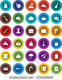 White Solid Icon Set- plunger vector, broom, bucket, water tap, car fetlock, pan, measuring cup, ladle, grater, sieve, case, hand trainer, umbrella, scalpel, supply, shopping bag, basket, kettle