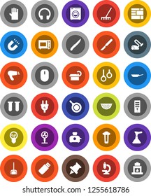 White Solid Icon Set- plunger vector, scoop, rake, rubber glove, pan, colander, knife, microwave oven, paper pin, magnet, gymnast rings, consolidated cargo, headphones, vial, scalpel, microscope