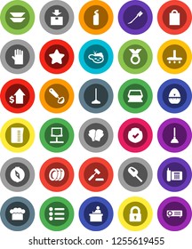 White Solid Icon Set- plunger vector, vacuum cleaner, mop, sponge, car fetlock, cleaning agent, rubber glove, plates, measuring cup, cook hat, timer, ladle, student, compass, dollar growth, boxing
