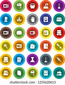 White Solid Icon Set- plunger vector, vacuum cleaner, mop, sponge, car fetlock, washing powder, rubber glove, water tap, kettle, spatula, microwave oven, double boiler, fridge, washer, dishwasher