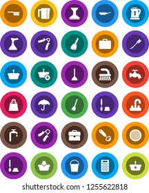 White Solid Icon Set- plunger vector, broom, fetlock, bucket, water tap, car, toilet brush, pan, kettle, measuring cup, ladle, grater, sieve, case, hand trainer, umbrella, supply, shopping bag