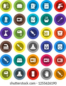 White Solid Icon Set- plunger vector, water tap, vacuum cleaner, fetlock, sponge, car, washing powder, rubber glove, kettle, spatula, microwave oven, blender, fridge, washer, dishwasher, mixer, hood