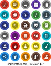 White Solid Icon Set- plunger vector, scraper, cleaner trolley, broom, vacuum, fetlock, mop, scoop, rake, bucket, towel, trash bin, shining, iron, steaming, bath, drying clothes, rubber glove, tap