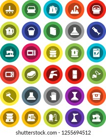 White Solid Icon Set- plunger vector, water tap, vacuum cleaner, bucket, sponge, car fetlock, washing powder, rubber glove, kettle, blender, fridge, dishwasher, coffee maker, hood, multi cooker