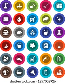 White Solid Icon Set- plunger vector, scraper, cleaner trolley, vacuum, fetlock, scoop, rake, bucket, sponge, water drop, tap, car, shining, window cleaning, splotch, steaming, bath, washer, shower