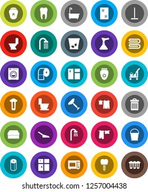 White Solid Icon Set- plunger vector, scraper, cleaner trolley, mop, scoop, bucket, sponge, towel, trash bin, window cleaning, bath, toilet, drying clothes, shining, paper, shower, microwave oven