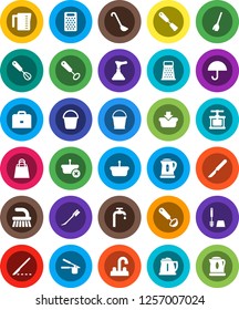 White Solid Icon Set- plunger vector, broom, fetlock, bucket, car, toilet brush, water tap, kettle, measuring cup, cook press, whisk, spatula, ladle, grater, case, umbrella, scalpel, supply, basket