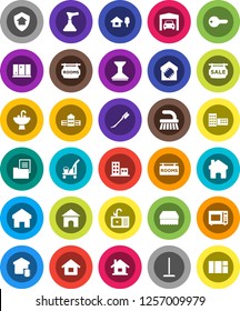 White Solid Icon Set- plunger vector, cleaner trolley, fetlock, mop, sponge, car, shining window, sink, microwave oven, school building, home, house, chalet, garage, estate document, sale signboard