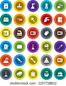White Solid Icon Set- plunger vector, water tap, vacuum cleaner, fetlock, mop, sponge, car, washing powder, rubber glove, kettle, spatula, microwave oven, blender, fridge, dishwasher, mixer, hood