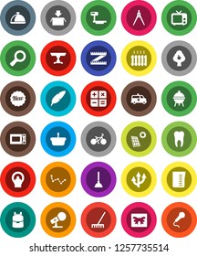 White Solid Icon Set- plunger vector, rake, measuring cup, microwave oven, bbq, dish, pen, drawing compass, backpack, magnifier, constellation, bike, big scales, microphone, tv, amkbulance car, gift