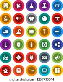 White Solid Icon Set- plunger vector, fetlock, scoop, car, cleaning agent, water tap, pan, notebook pc, measuring, horizontal bar, fitball, boxing glove, satellite antenna, flask, crutches, share