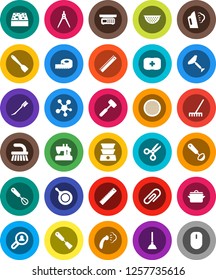 White Solid Icon Set- plunger vector, scraper, fetlock, rake, sponge, car, steaming, pan, colander, whisk, spatula, ladle, meat hammer, sieve, ruler, drawing compass, scissors, measuring, attachment