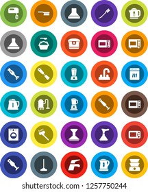 White Solid Icon Set- plunger vector, water tap, vacuum cleaner, fetlock, mop, car, washing powder, kettle, spatula, microwave oven, blender, washer, dishwasher, mixer, hood, multi cooker