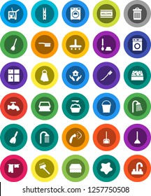 White Solid Icon Set- plunger vector, cleaner trolley, broom, vacuum, fetlock, scoop, bucket, clothespin, sponge, towel, trash bin, water tap, car, splotch, welcome mat, steaming, drying clothes
