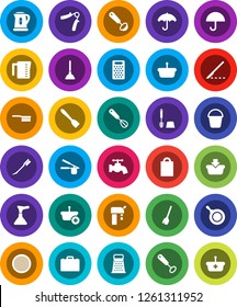 White Solid Icon Set- plunger vector, broom, fetlock, bucket, water tap, car, toilet brush, pan, kettle, measuring cup, cook press, whisk, spatula, ladle, grater, sieve, case, hand trainer, umbrella
