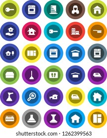 White Solid Icon Set- plunger vector, fetlock, sponge, car, welcome mat, iron, house hold, cleaner woman, oven, dry cargo, home, key, cottage, chalet, rooms signboard, apartments, search estate