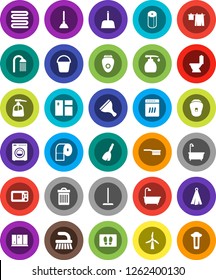 White Solid Icon Set- plunger vector, scraper, broom, fetlock, mop, scoop, bucket, trash bin, window cleaning, welcome mat, bath, toilet, drying clothes, liquid soap, shining, paper, shower, towel