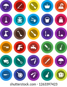 White Solid Icon Set- plunger vector, broom, water tap, fetlock, bucket, toilet brush, pan, cook press, whisk, spatula, ladle, hand trainer, umbrella, scalpel, shopping bag, basket, kettle