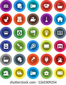 White Solid Icon Set- plunger vector, iron, bath, toilet, skimmer, double boiler, dry cargo, tv, home, garage, office building, search estate, smart, protect, power plug, washer, siren, mixer, web