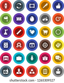 White Solid Icon Set- plunger vector, washer, mixer, cereal, egg, pen, ruler, student, case, medal, cart, dollar calendar, clipboard, bike, heart monitor, cross, hoop, film frame, radio, dialog