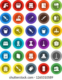 White Solid Icon Set- plunger vector, water tap, vacuum cleaner, mop, bucket, sponge, car fetlock, washing powder, rubber glove, spatula, double boiler, blender, fridge, dishwasher, mixer, hood