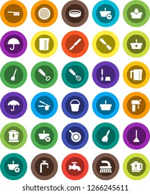White Solid Icon Set- plunger vector, broom, fetlock, bucket, water tap, toilet brush, pan, measuring cup, cook press, whisk, spatula, sieve, umbrella, scalpel, supply, basket, kettle