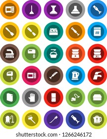 White Solid Icon Set- plunger vector, water tap, vacuum cleaner, fetlock, sponge, car, washing powder, rubber glove, kettle, spatula, microwave oven, double boiler, blender, fridge, dishwasher, hood