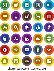 White Solid Icon Set- plunger vector, bucket, washboard, auction, dollar shield, cursor, snickers, oxygen, signpost, route, rca, hdmi, disabled, eye, dna, pills, key, stop, windmill, ari condition