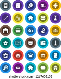 White Solid Icon Set- plunger vector, mop, sponge, car fetlock, window cleaning, shining, house hold, sink, oven, school building, dry cargo, warehouse, home, cottage, chalet, plan, sale signboard