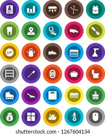 White Solid Icon Set- plunger vector, scoop, car fetlock, toilet, shining window, pan, apron, cook glove, skimmer, thermometer, backpack, personal information, constellation, graph, money bag, ship