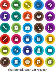 White Solid Icon Set- plunger vector, bucket, water tap, toilet brush, pan, kettle, measuring cup, cook press, whisk, spatula, ladle, grater, sieve, case, hand trainer, umbrella, scalpel, supply